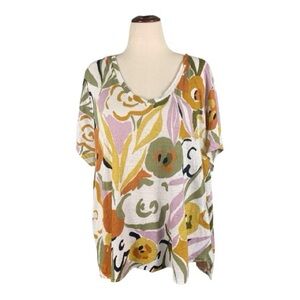 Rachel Zoe Summer Linen Floral Short Sleeve Blouse Flowy Relaxed Fit Beach Sz 3X